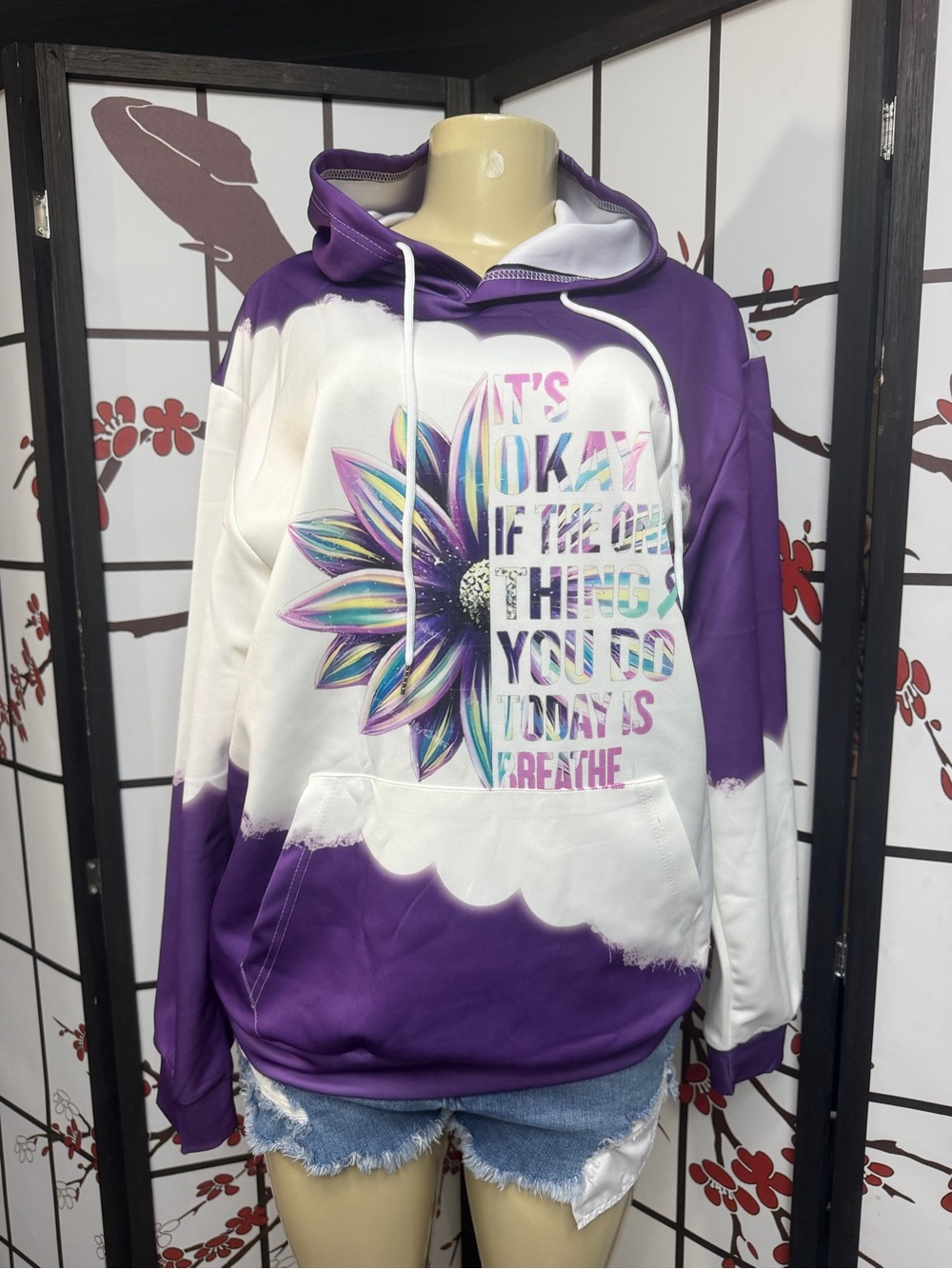 Women's Purple & White Floral Graphic Cowl Hoodie Sweater